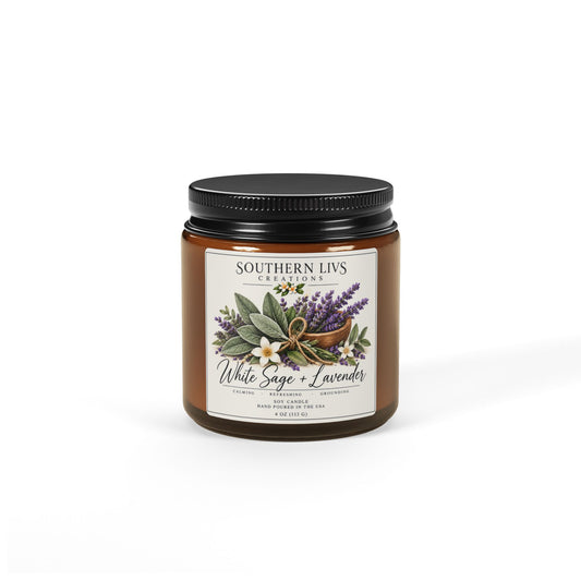 White Sage & Lavender Soy Candle — Amber Jar Scented Candle 4 oz